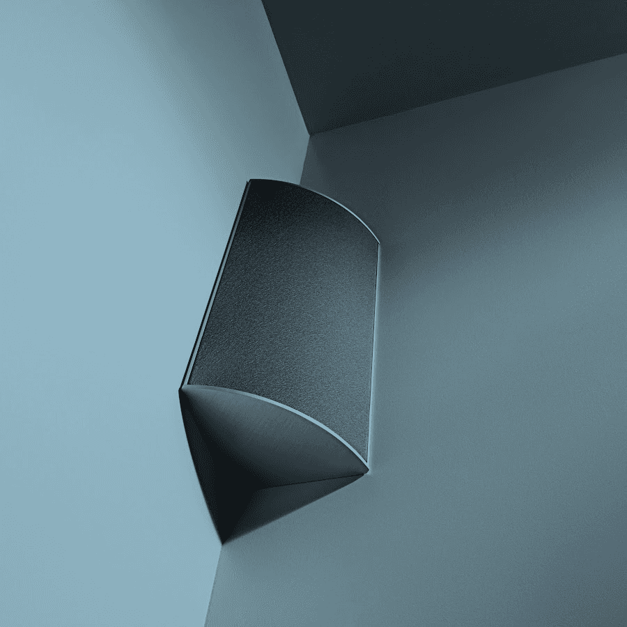Curved panel in corner, blue room