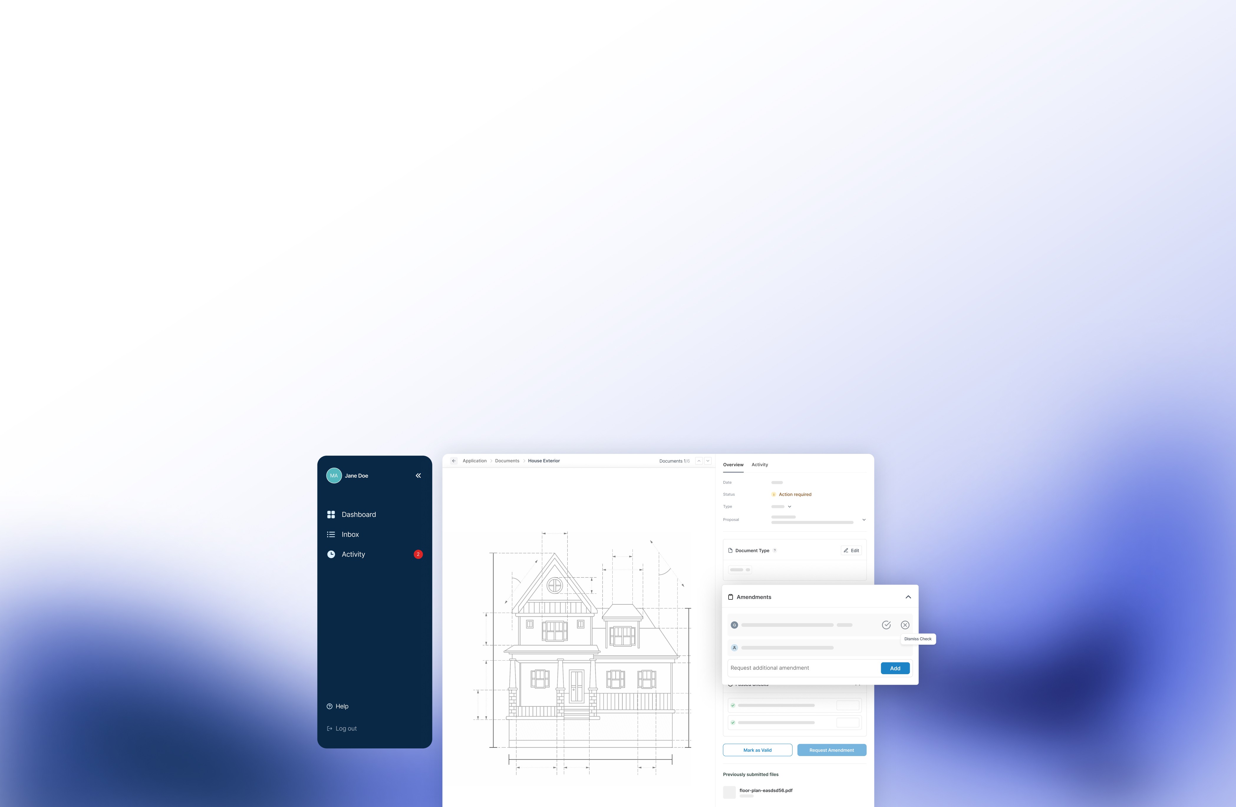 A person in a green sweater holds a pen and reviews a blueprint at a desk, with a small, paper model house in the foreground, suggesting architecture and home design concepts.