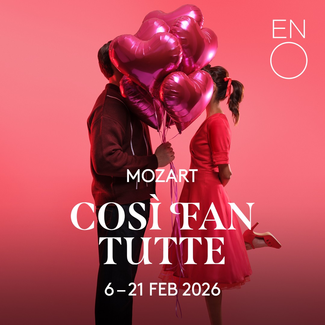 Mozart's "Così fan tutte" promotional image with couple and heart balloons.