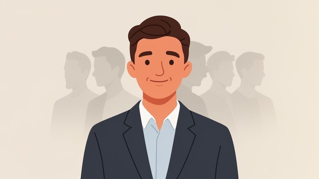 Ein lächelnder Mann in Anzug und Hemd steht vor einer Gruppe unscharfer Silhouetten anderer Männer, die Professionalität und Führung symbolisieren.