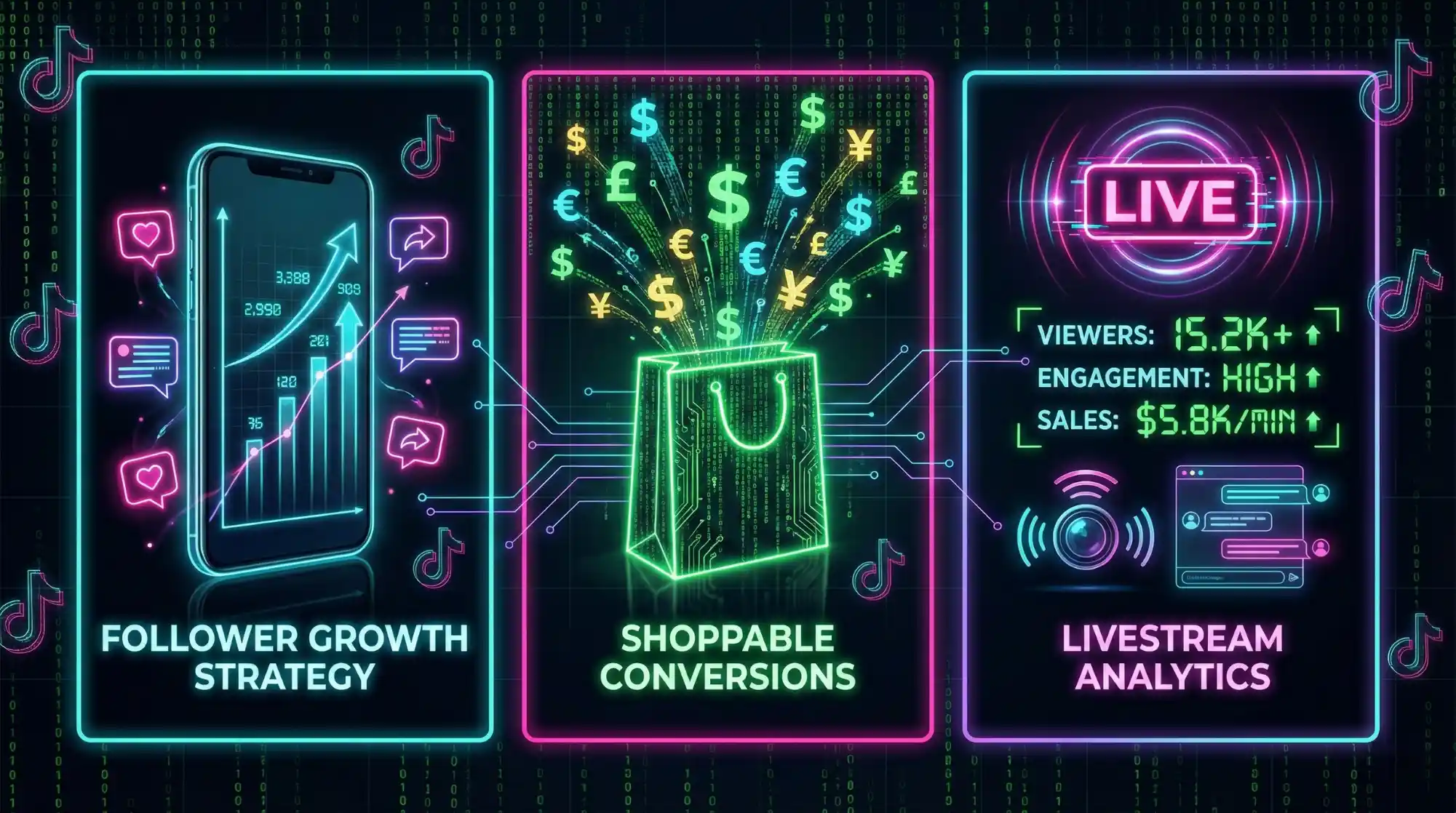 Three-panel TikTok Shop strategy framework showcasing follower growth tactics, shoppable video conversions, and livestream analytics with neon Matrix styling.