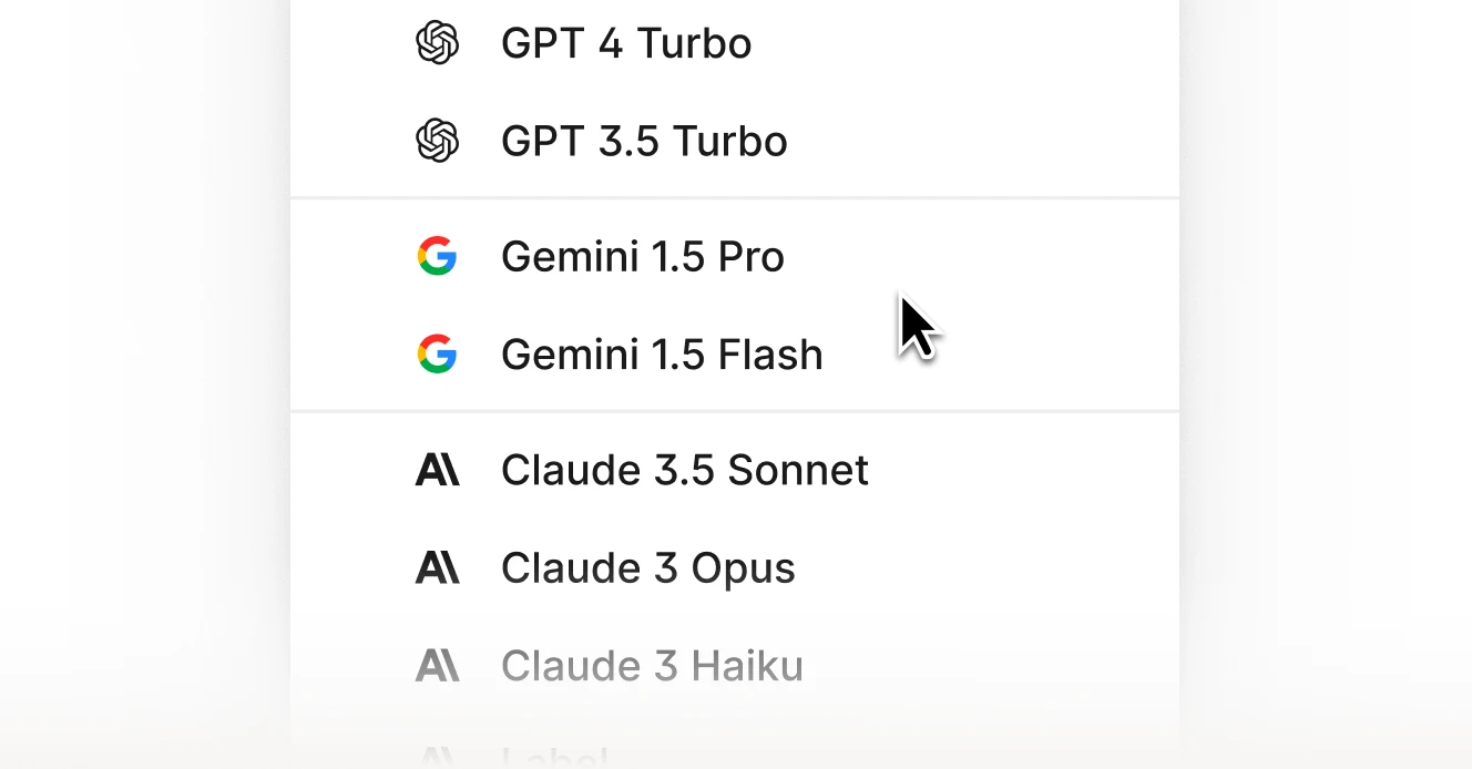 A list of available AI models showing OpenAI's GPT-4 Turbo and GPT-3.5 Turbo, Google's Gemini 1.5 Pro and Flash, and Anthropic's Claude models (3.5 Sonnet, 3 Opus, and 3 Haiku).