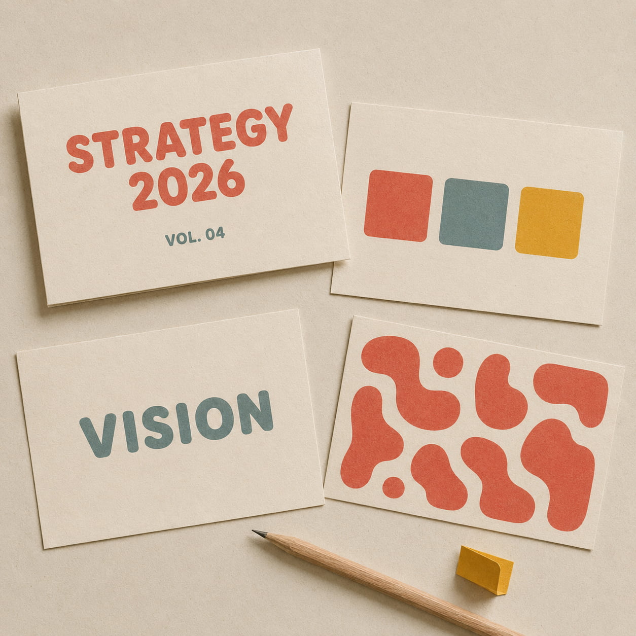 Corporate-themed cards on a beige background. "Strategy 2026" and "Vision" are written in bold fonts. Geometric and abstract shapes are nearby. A pencil is at the bottom.