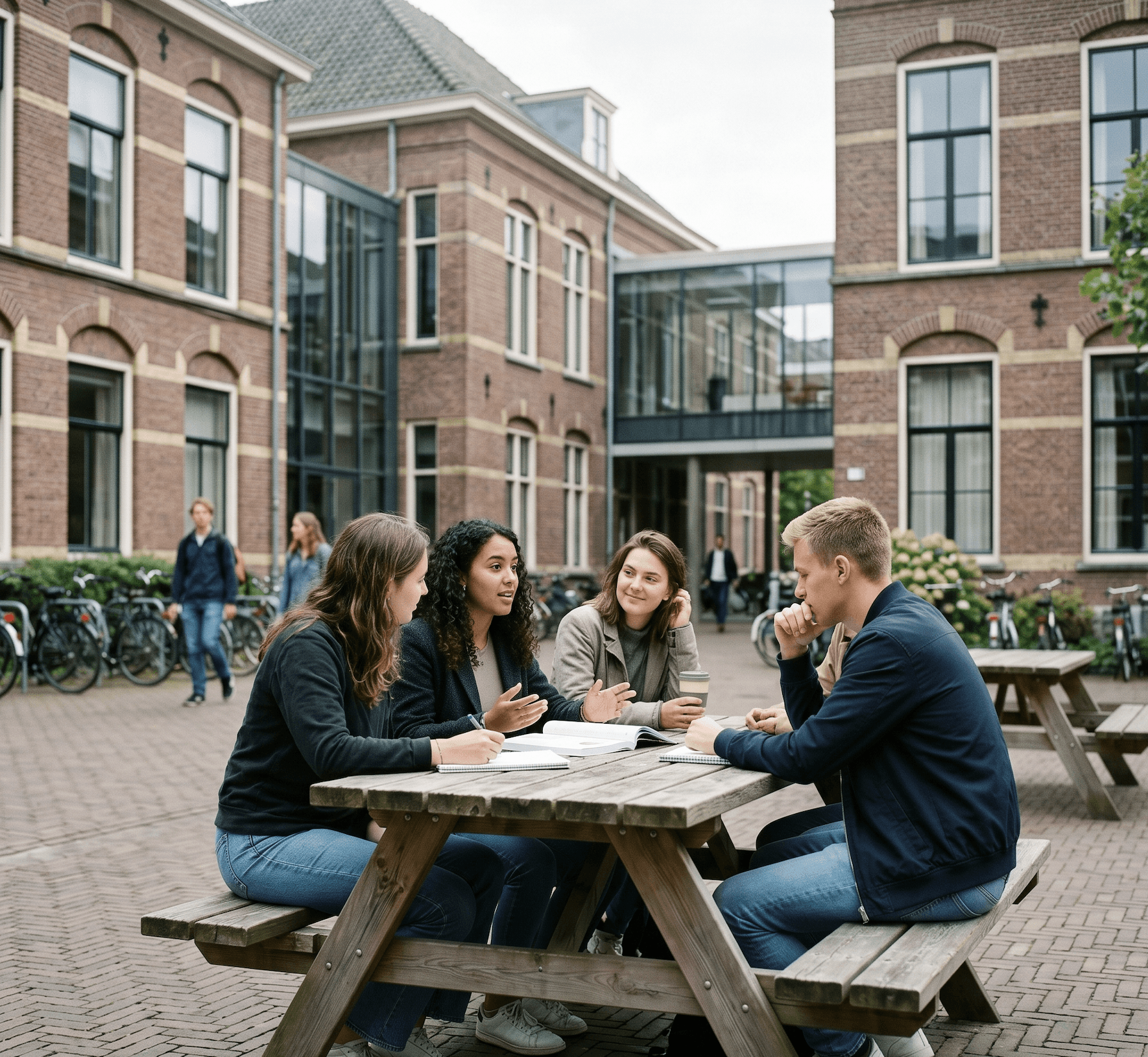 Studenten studeren samen aan een picknicktafel op een campusplein