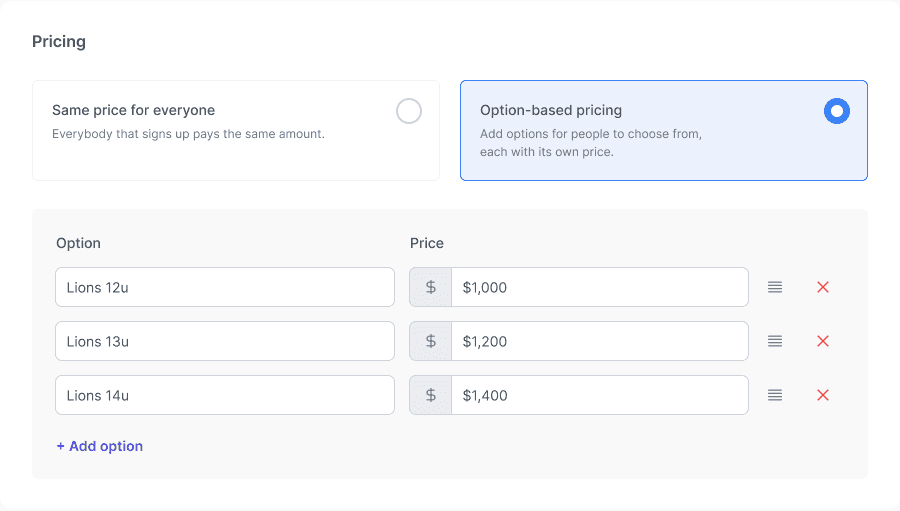 Registration Pricing screen showing option names, individual prices, and Add option.