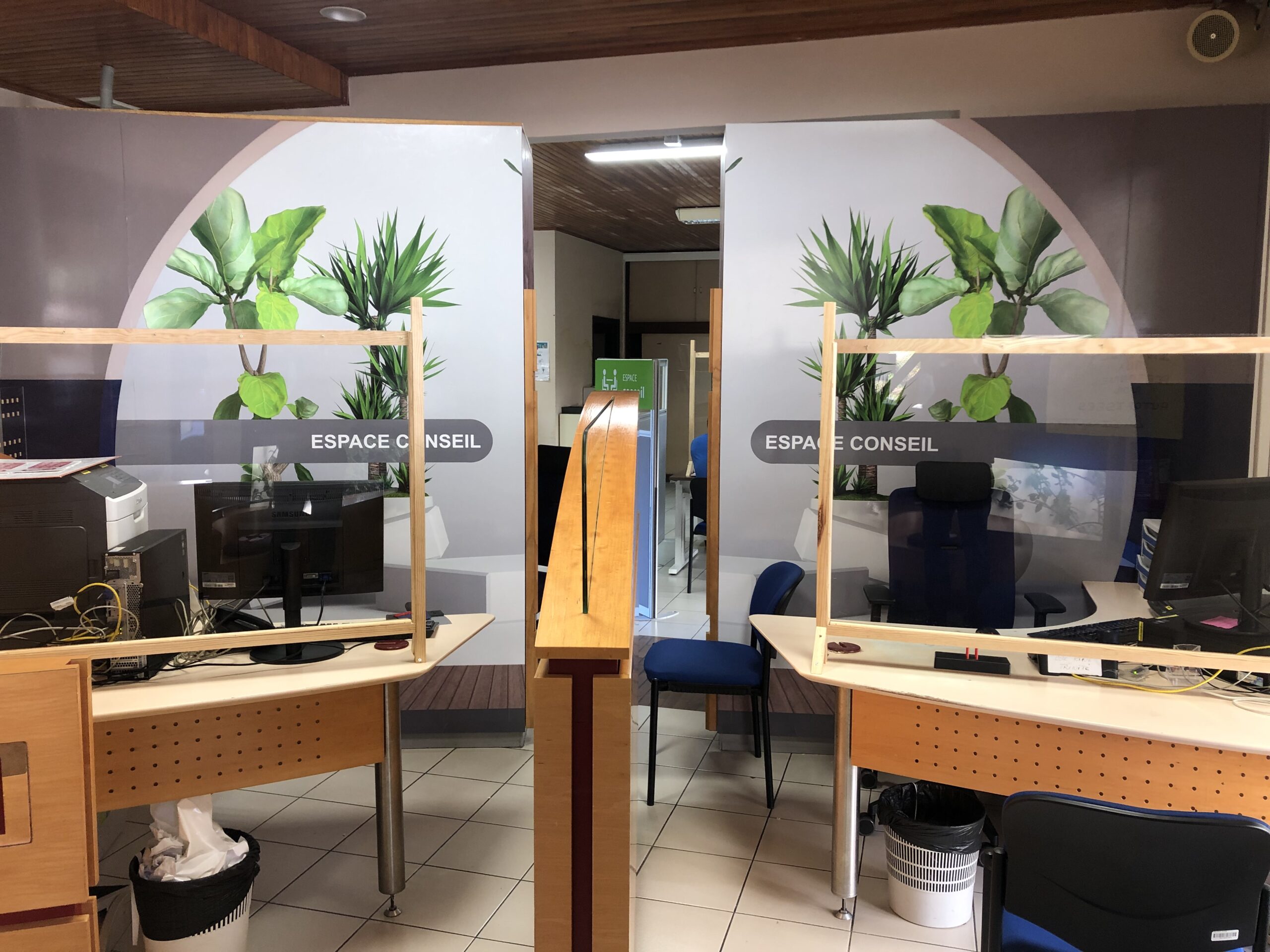 Un bureau moderne avec deux tables séparées par un séparateur en bois. Chaque table est équipée d'un écran et d'une chaise, flanquées d'affiches représentant des plantes vertes et portant la mention « Espace Conseil ».
