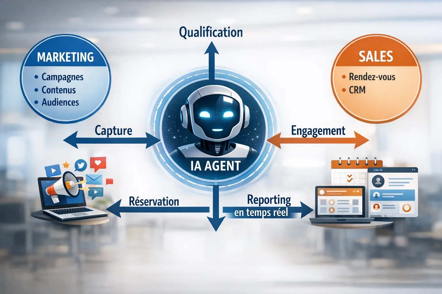 Schéma montrant un agent IA au centre reliant marketing (campagnes, contenus, audiences) et sales (rendez‑vous, CRM), avec des flèches indiquant capture, qualification, engagement, réservation et reporting en temps réel.