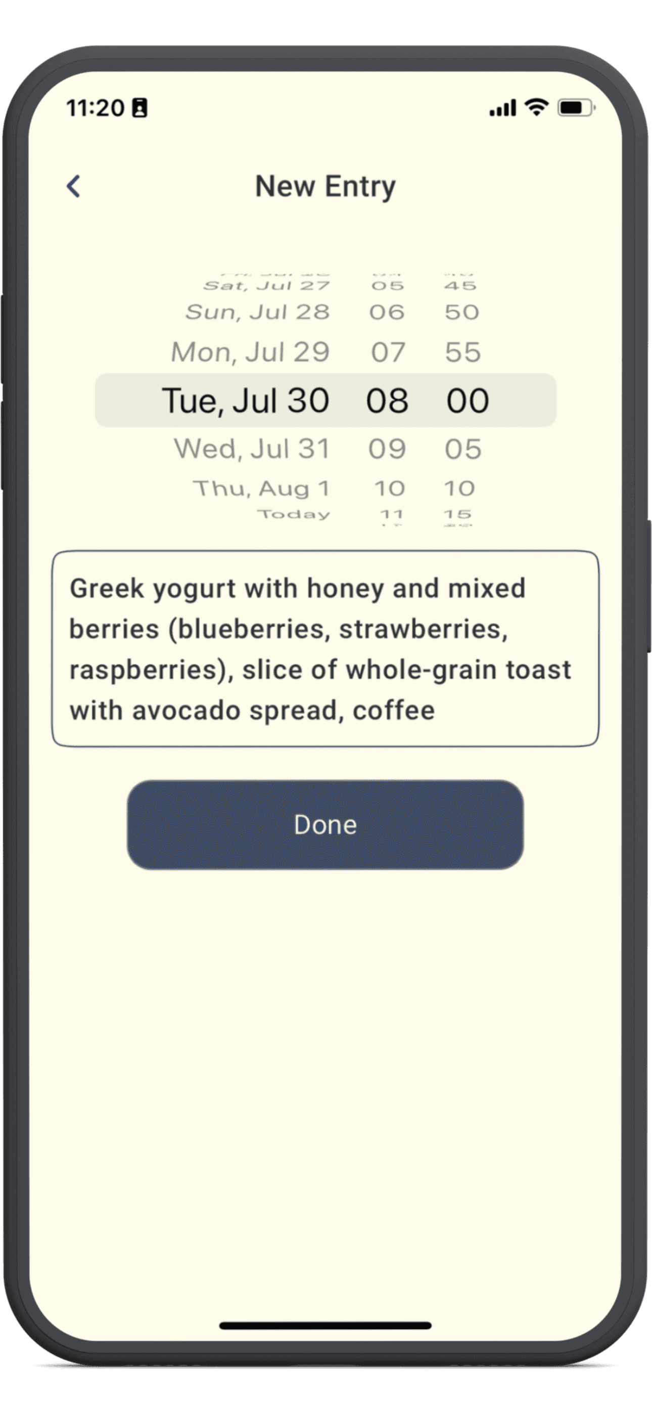 Screenshot of the New entry screen in the Sito app. It shows a time selector, a field to input what you ate and a Done button