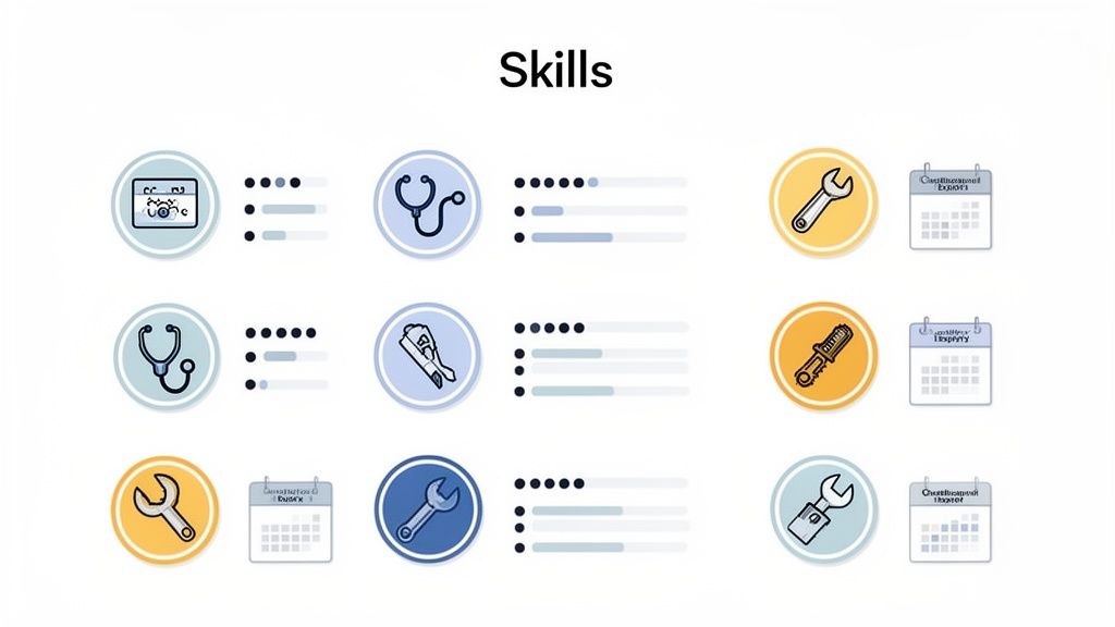 A diagram displaying various skills with corresponding proficiency levels and certification timelines using icons.