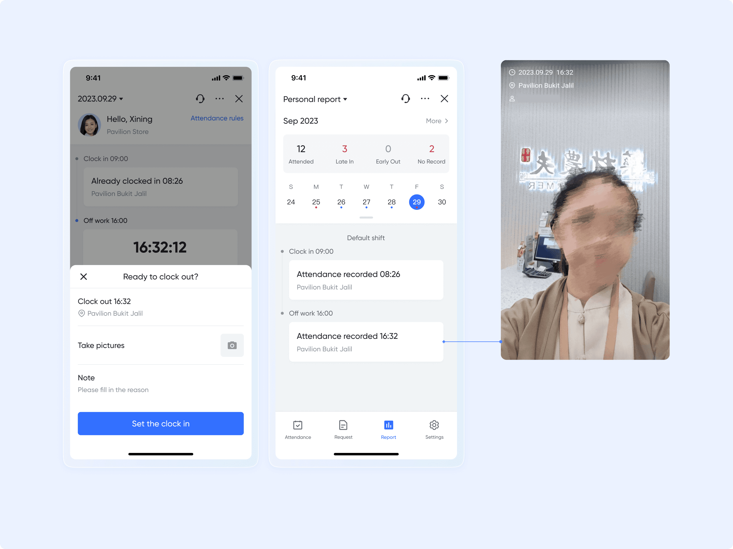 Employee clocks in attendance with a verification photo