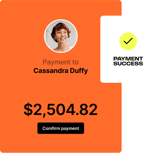 Payment confirmation card showing a successful payment of $2,504.82 to Cassandra Duffy
