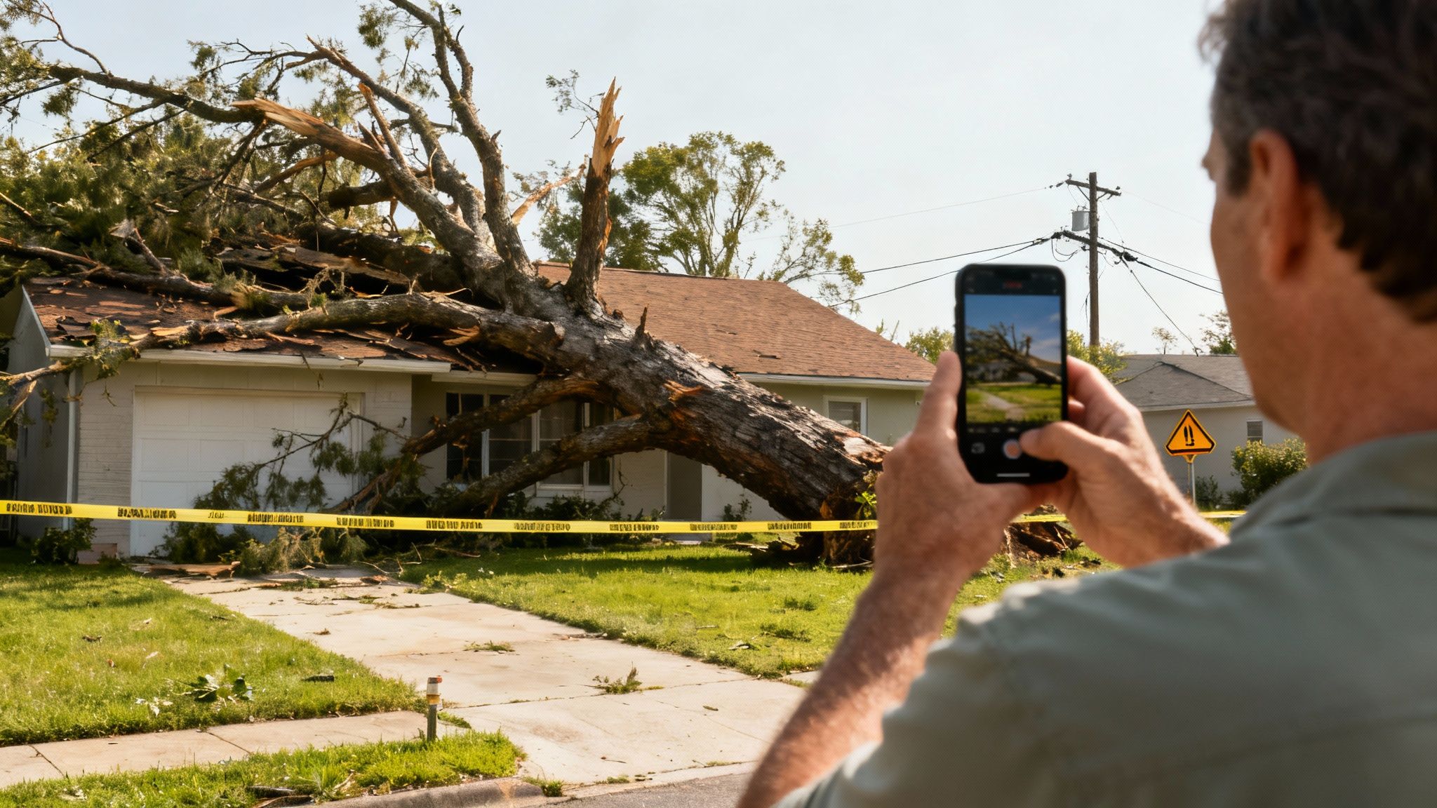 Close-up of a large tree branch that has fallen on the corner of a house's roof.