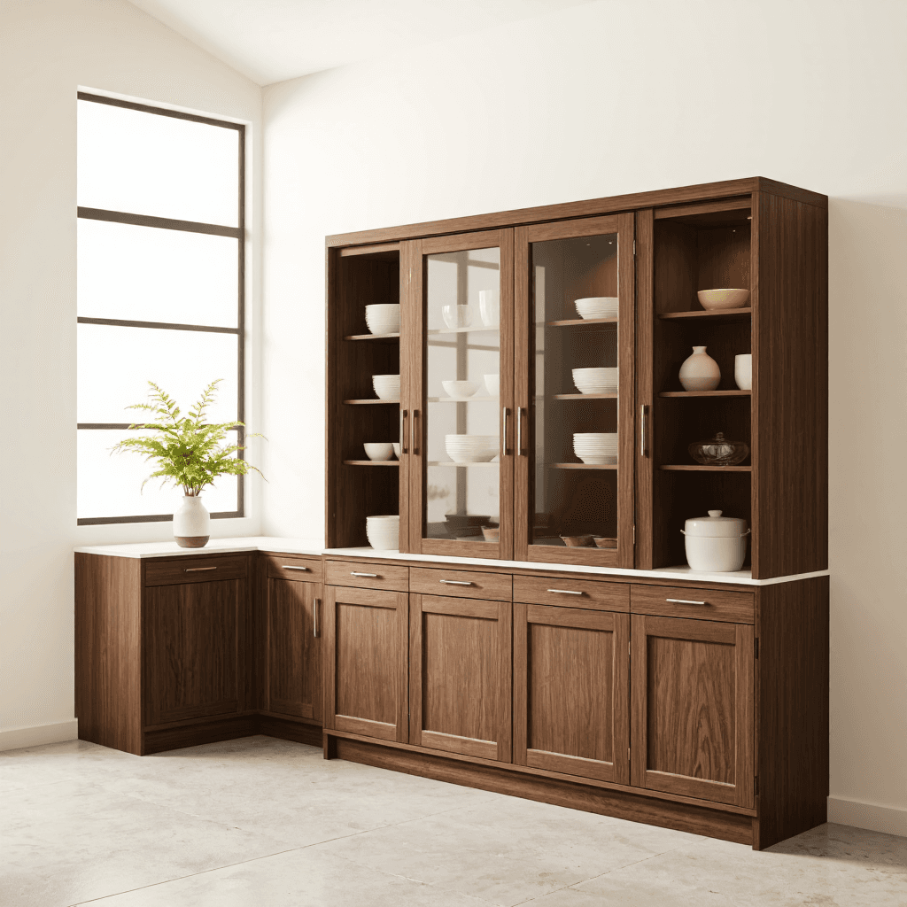 product photography of a kitchen cabinet with storage space and glass doors