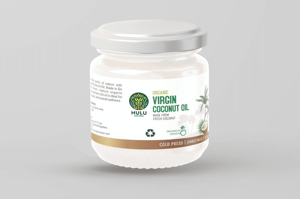 A jar of Hulu Natural Organic Extra Virgin Coconut Oil.