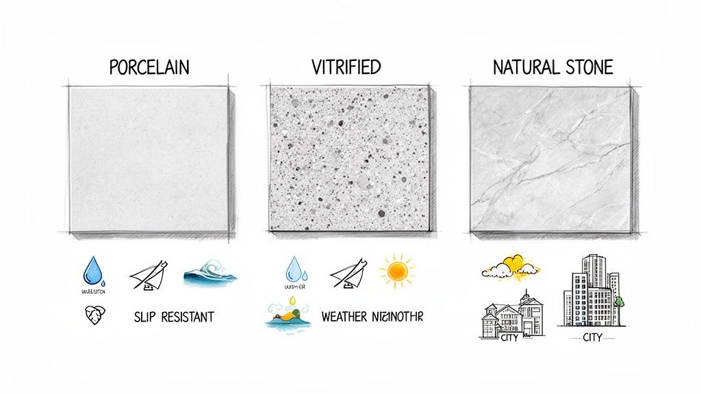 Visual comparison of porcelain, vitrified, and natural stone tiles highlighting properties like water resistance and weather resistance.