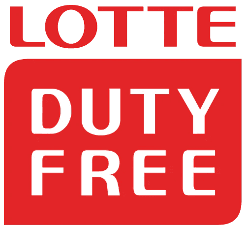 LOTTE Duty Free logo in bold white letters on a red rounded square background