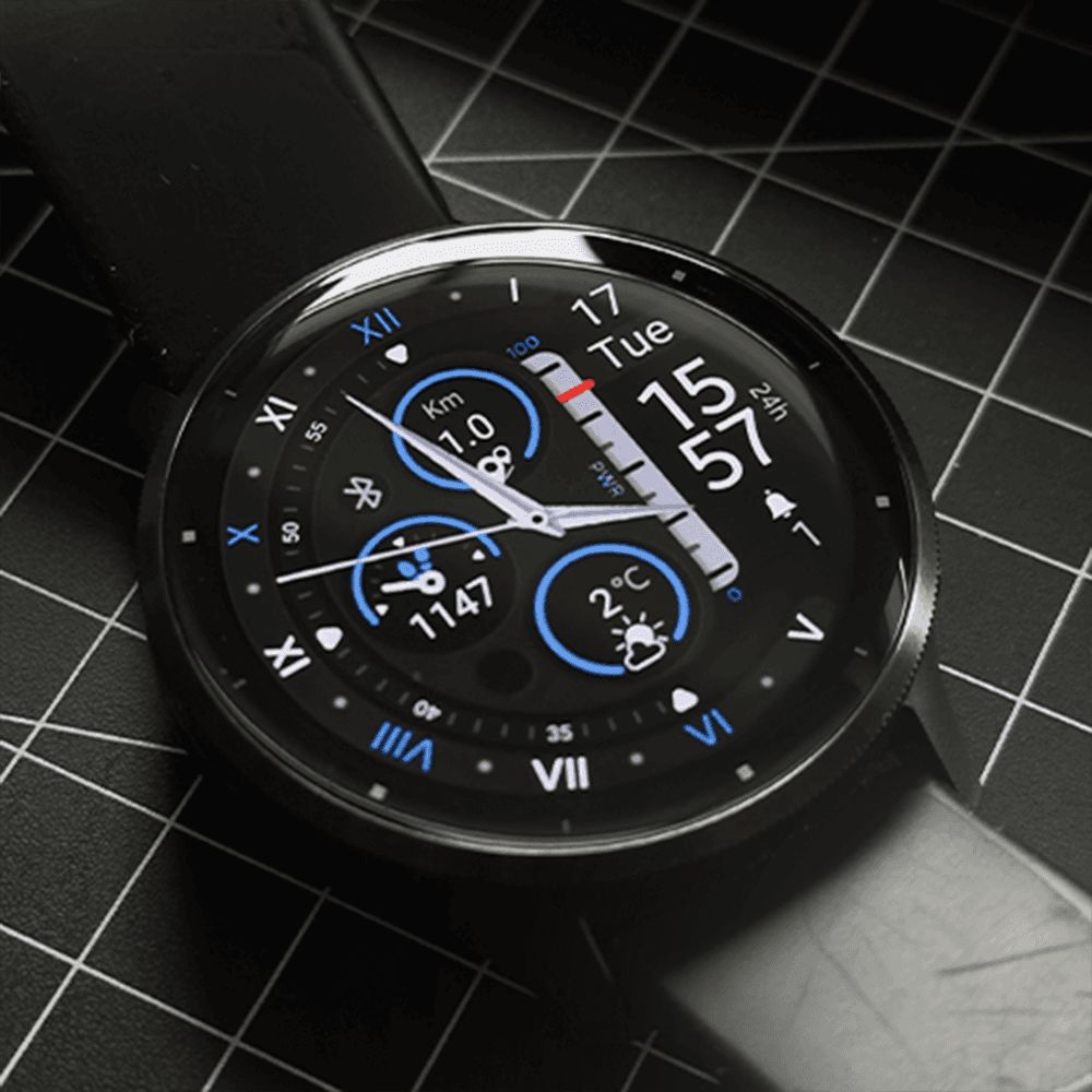 Garmin venu smartwatch displaying an analog watch face