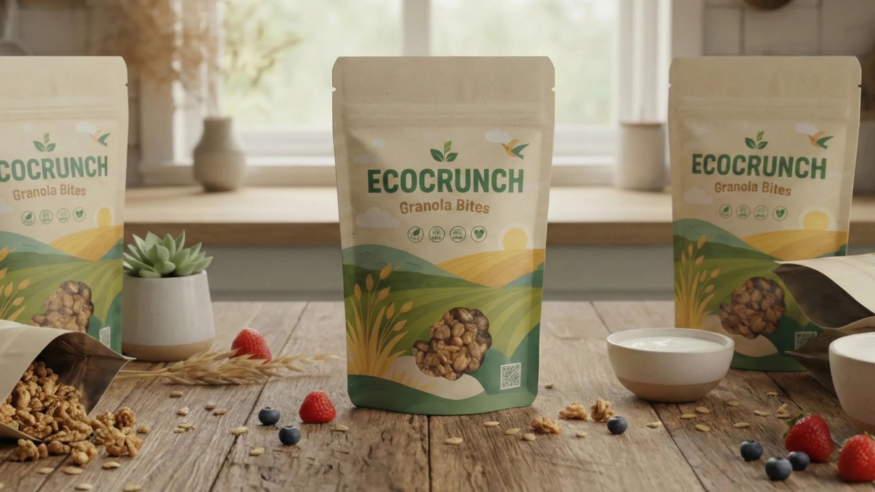 Three EcoCrunch Granola Bites bags featuring a rustic landscape illustration displayed on a wooden table with fresh strawberries and a bowl of yogurt.