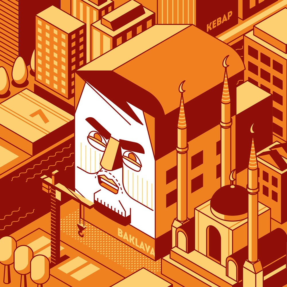 Isometric illustrative portrait of Cengiz Ünder for the Tschuttiheftli 2021. The style is simple isometric vector illustration.