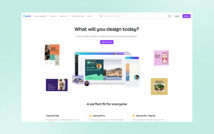 Canva’s homepage showing design options