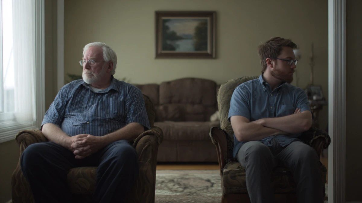 Father and adult son sitting with visible emotional distance between them
