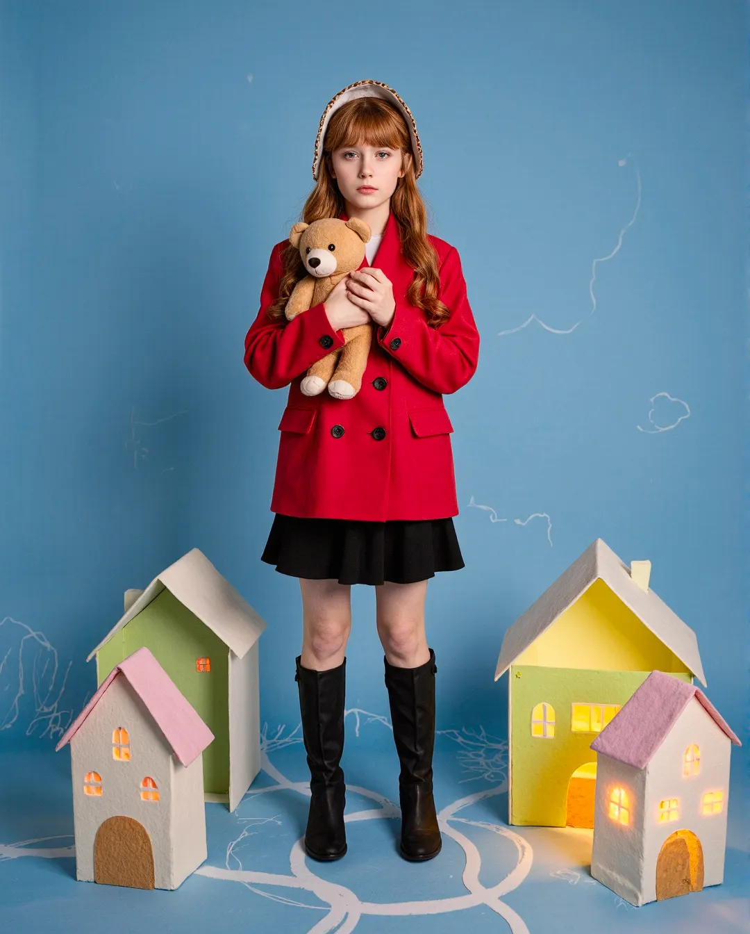Young woman in red blazer holding teddy bear with miniature houses on blue background for fashion catalogue shoot