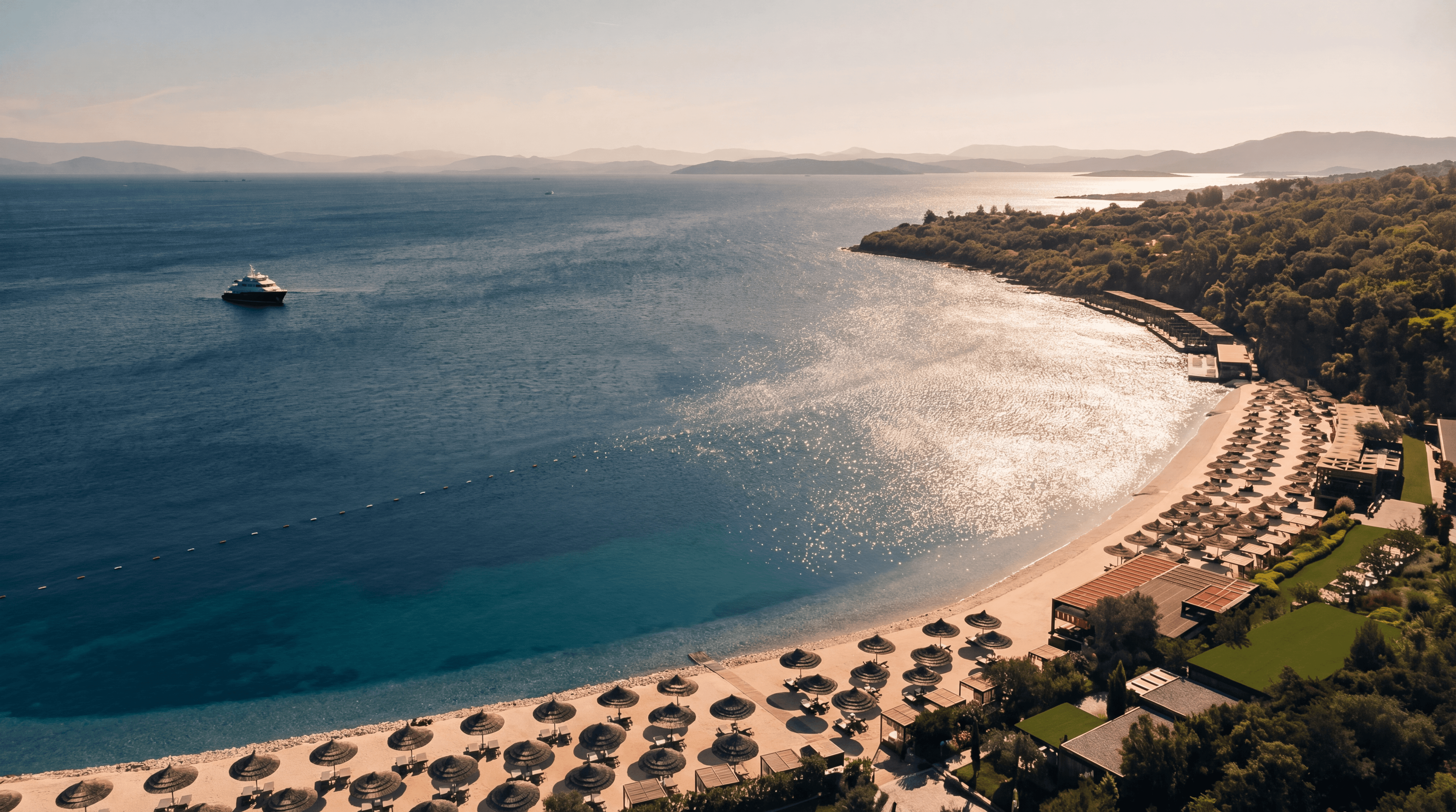 Aerial view of Paradise Bay and Mandarin Oriental Bodrum resort with private beach, turquoise Aegean water, and hillside architecture