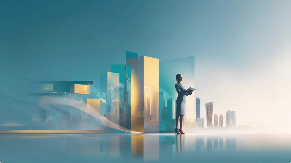 Business professional in futuristic Dubai cityscape with digital interfaces