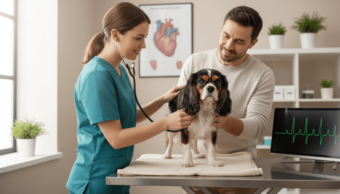 A small senior dog being calmly examined with a stethoscope by a veterinarian