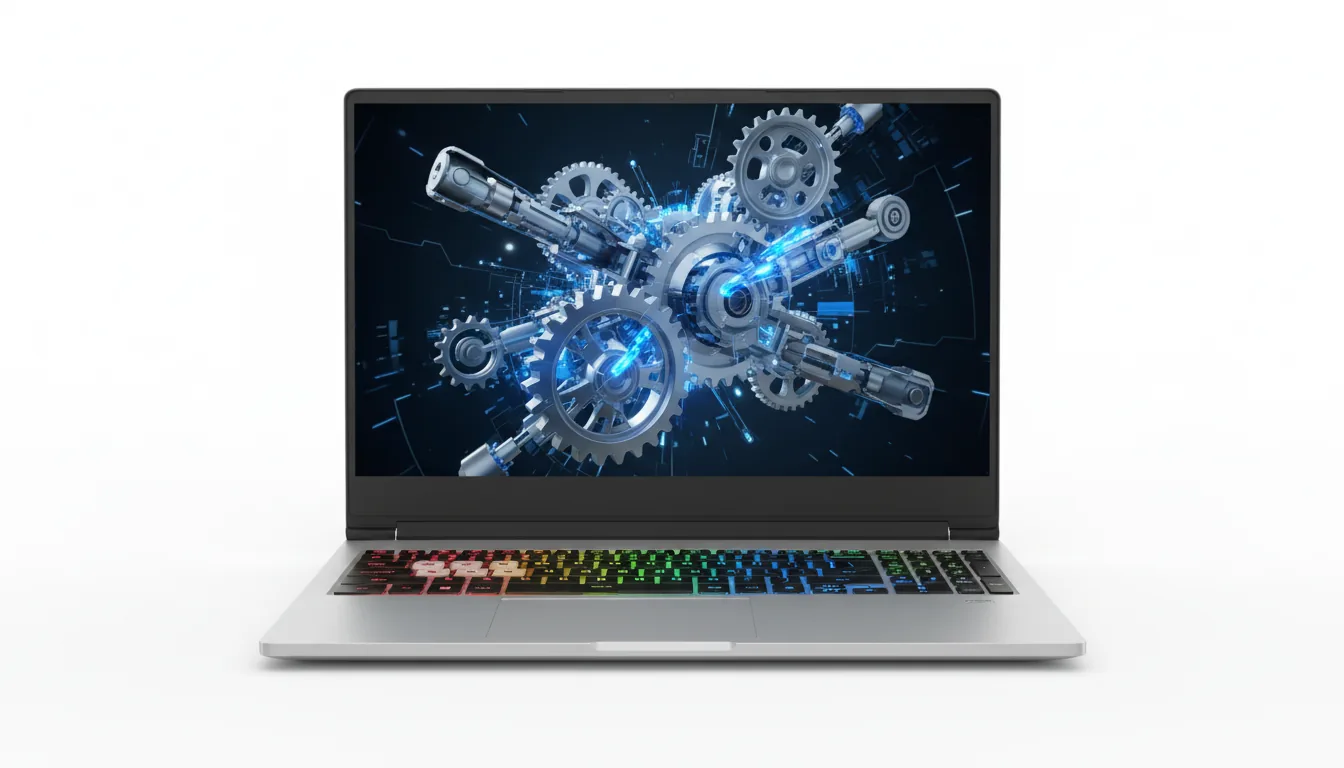 Commercial product shot of a sleek, silver high-performance gaming laptop, open and centered, facing forward on a pure white background. Soft studio lighting illuminates the brushed metal texture of the chassis. The keyboard is backlit with a vibrant rainbow RGB gradient. On the screen is a futuristic, abstract 3D graphic of complex machinery in shades of metallic blue and silver with glowing blue light accents. The entire image is in sharp focus, ultra-realistic, with a clean and professional aesthetic.
