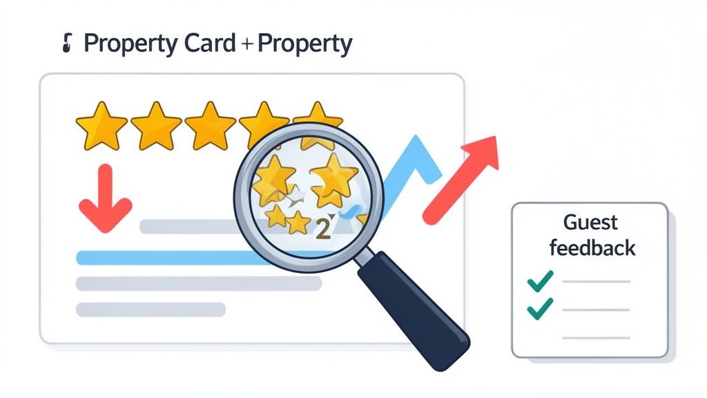 Illustration of property ratings, detailed guest feedback analysis, and performance trends with upward and downward arrows.