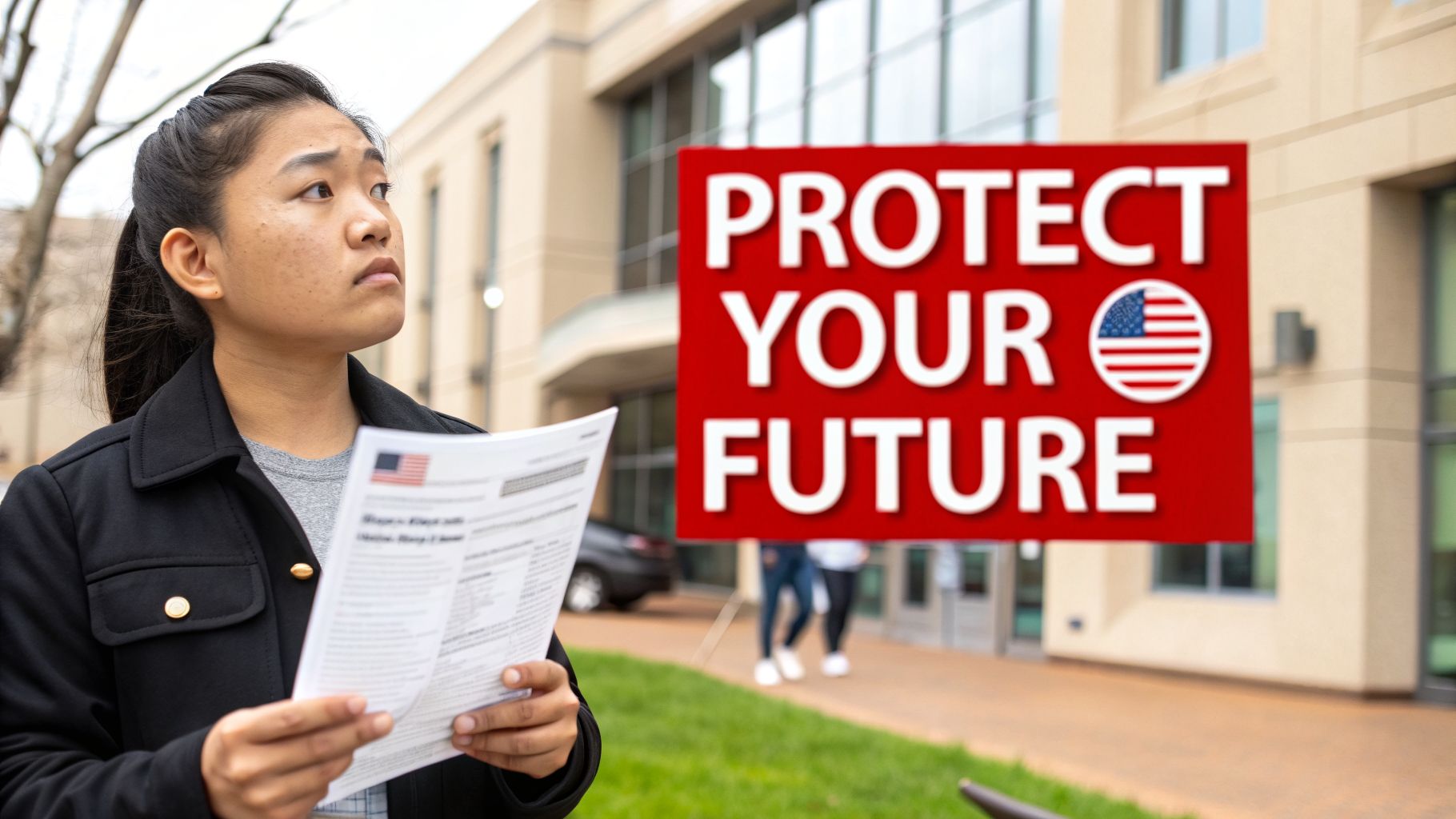 Young Asian woman holds a document with an American flag, looking at a 'PROTECT YOUR FUTURE' sign.