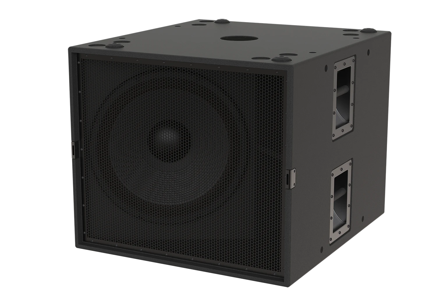 Black cube subwoofer with a large speaker grille.