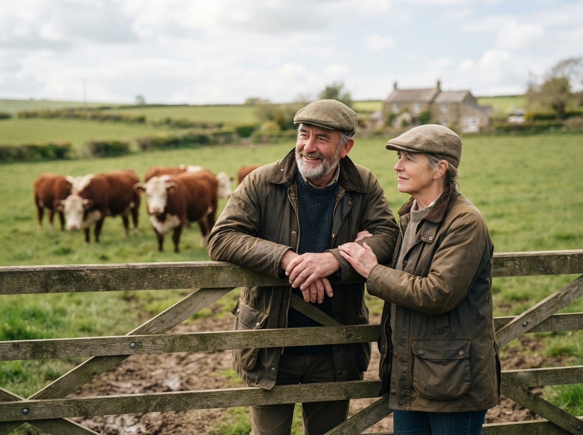 A farming couple in their 60s leaning on a gate with Hereford cattle behind