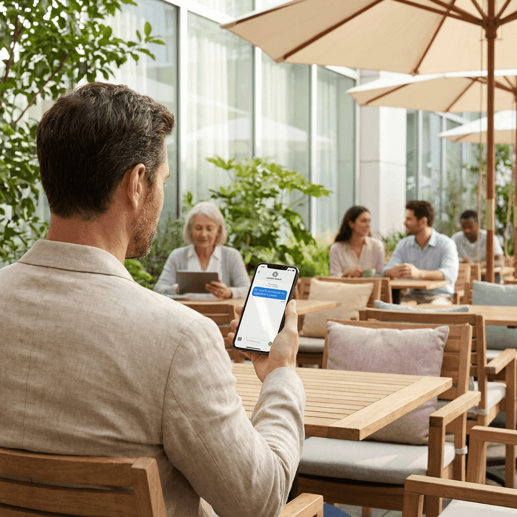 man sitting outside reschedduling his dr appointment via text