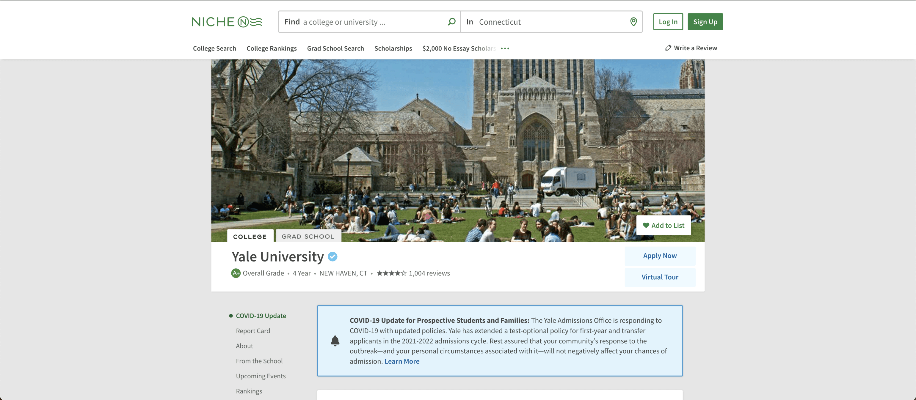 Yale University's Niche profile, featuring a blurry cover photo with no visual focus.