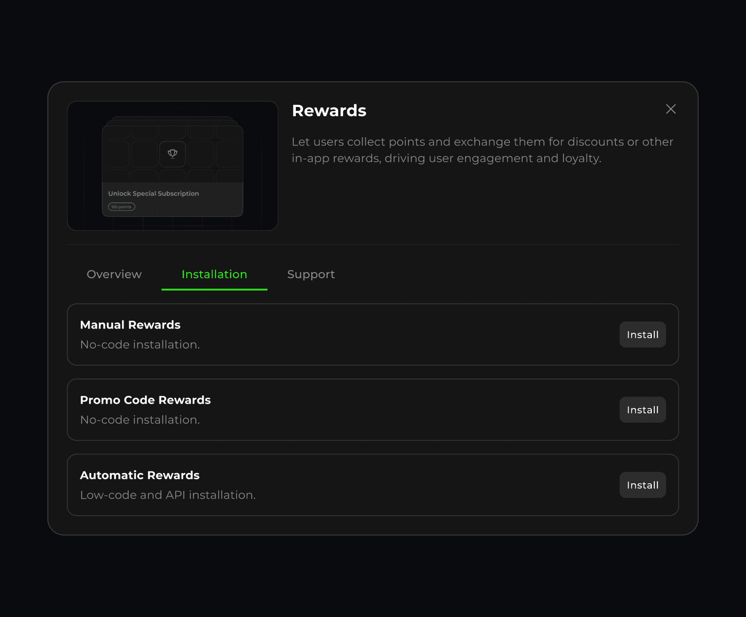 Rewards setup screen with options for Manual Rewards, Promo Code Rewards, and Automatic Rewards, showing no-code and low-code installation methods.