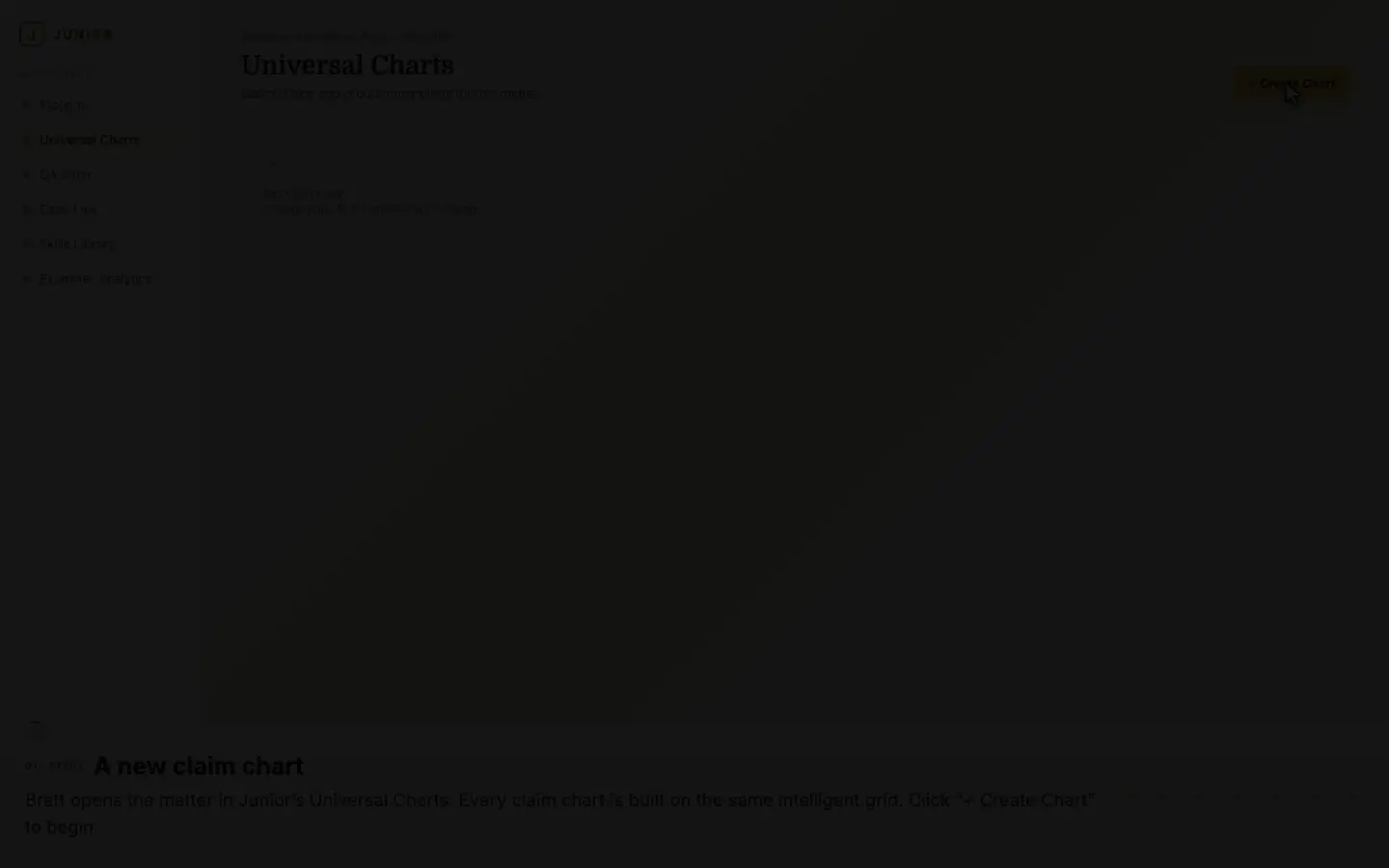 Universal Charts: + Create Chart, the chart-type picker (SEP, family, prior art, contract), and Infringement Analysis selected