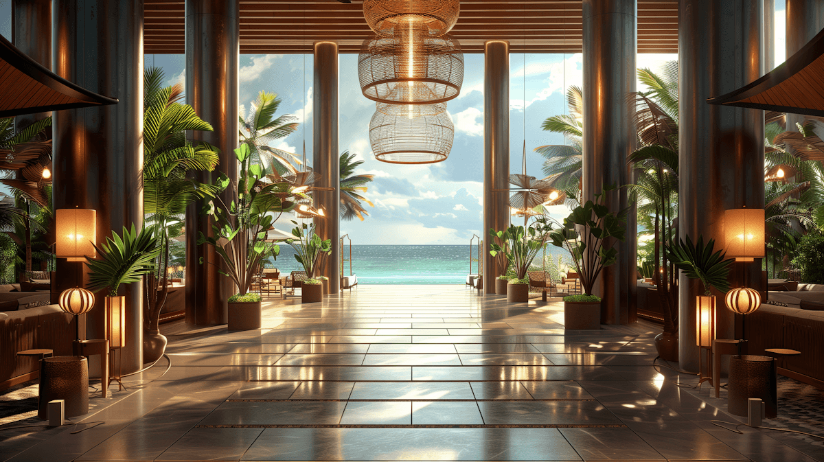 Luxurious tropical resort lobby with tall pillars, palm plants, and warm lamps looking out to a sunny ocean.