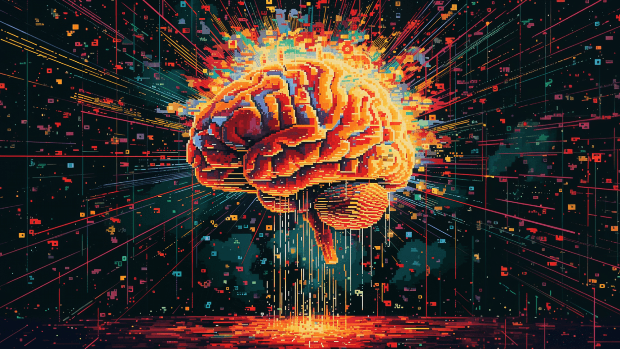 An image of a colorful brain surrounded by sparks in a retro 8bit style