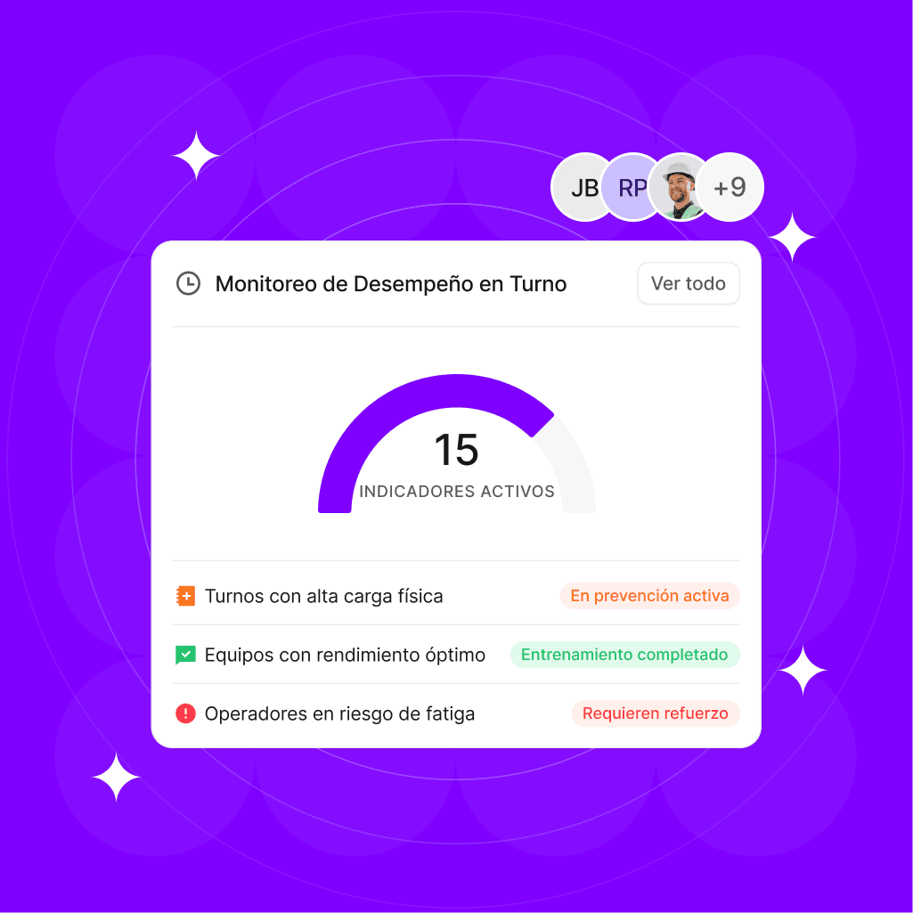 A colorful interface displaying a gauge with various metrics and indicators, set against a vibrant purple background.