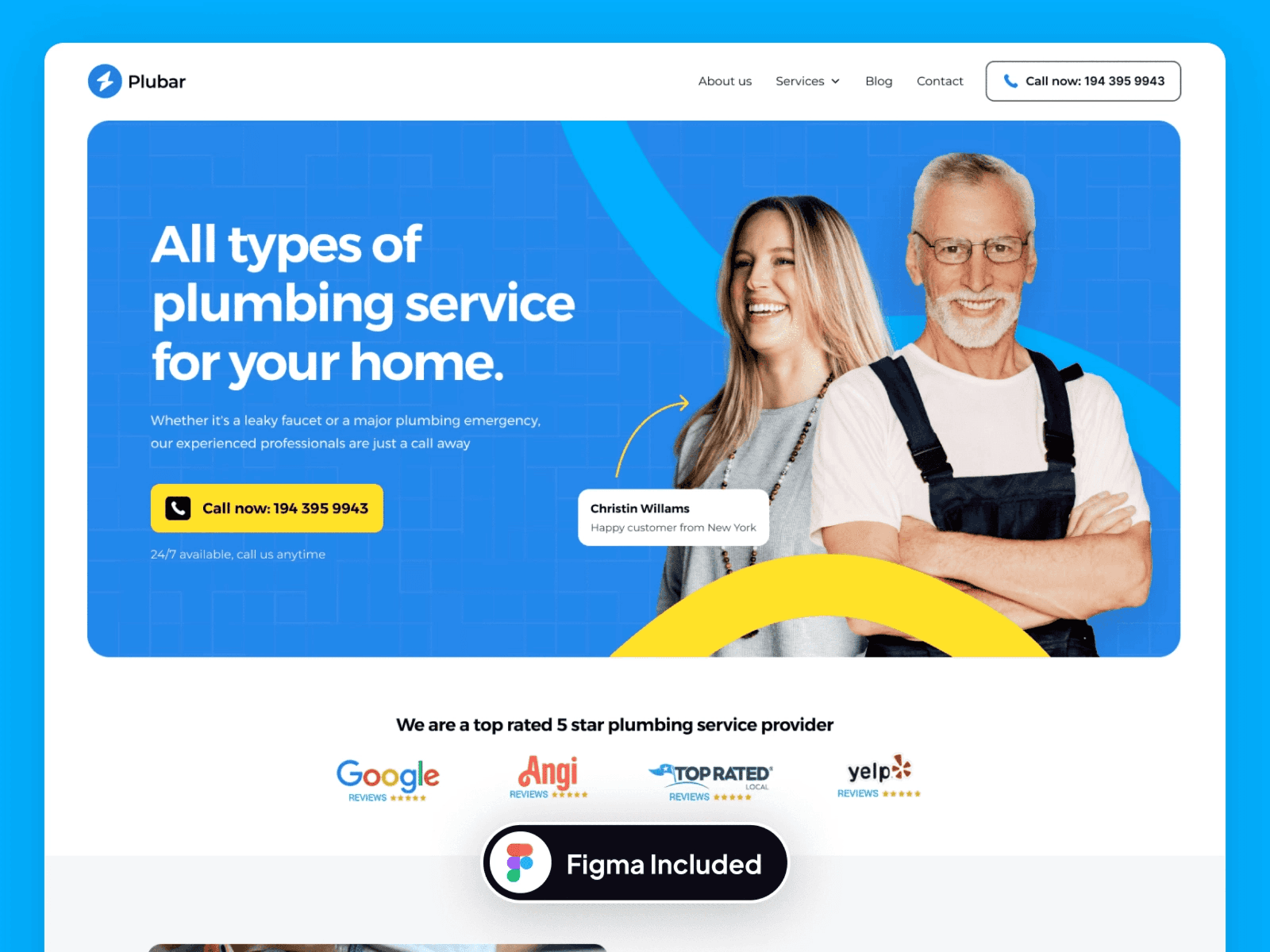 Plubar plumbing website design featuring a plumber and customer against a blue background.