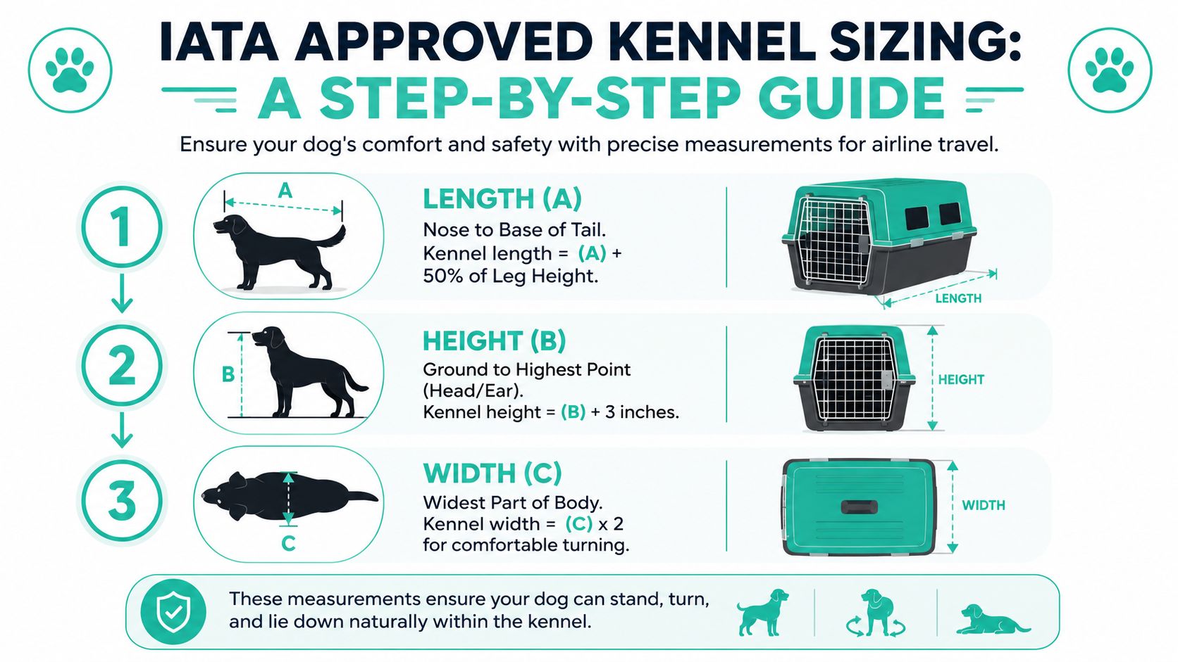 An infographic showing a three-step guide for measuring a dog for an IATA approved travel kennel.