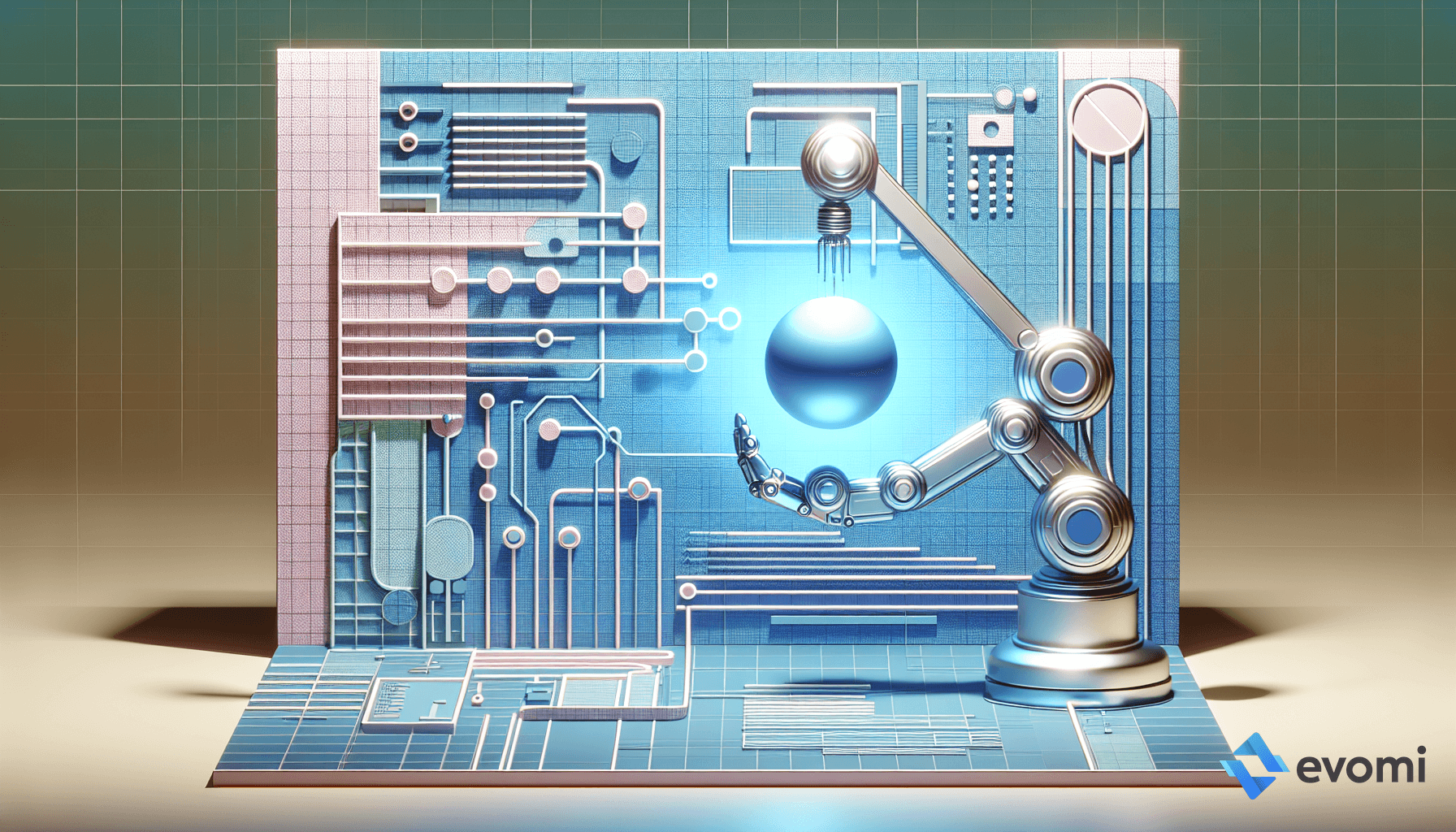 uturistic circuit board with a glowing orb held by metallic arms.