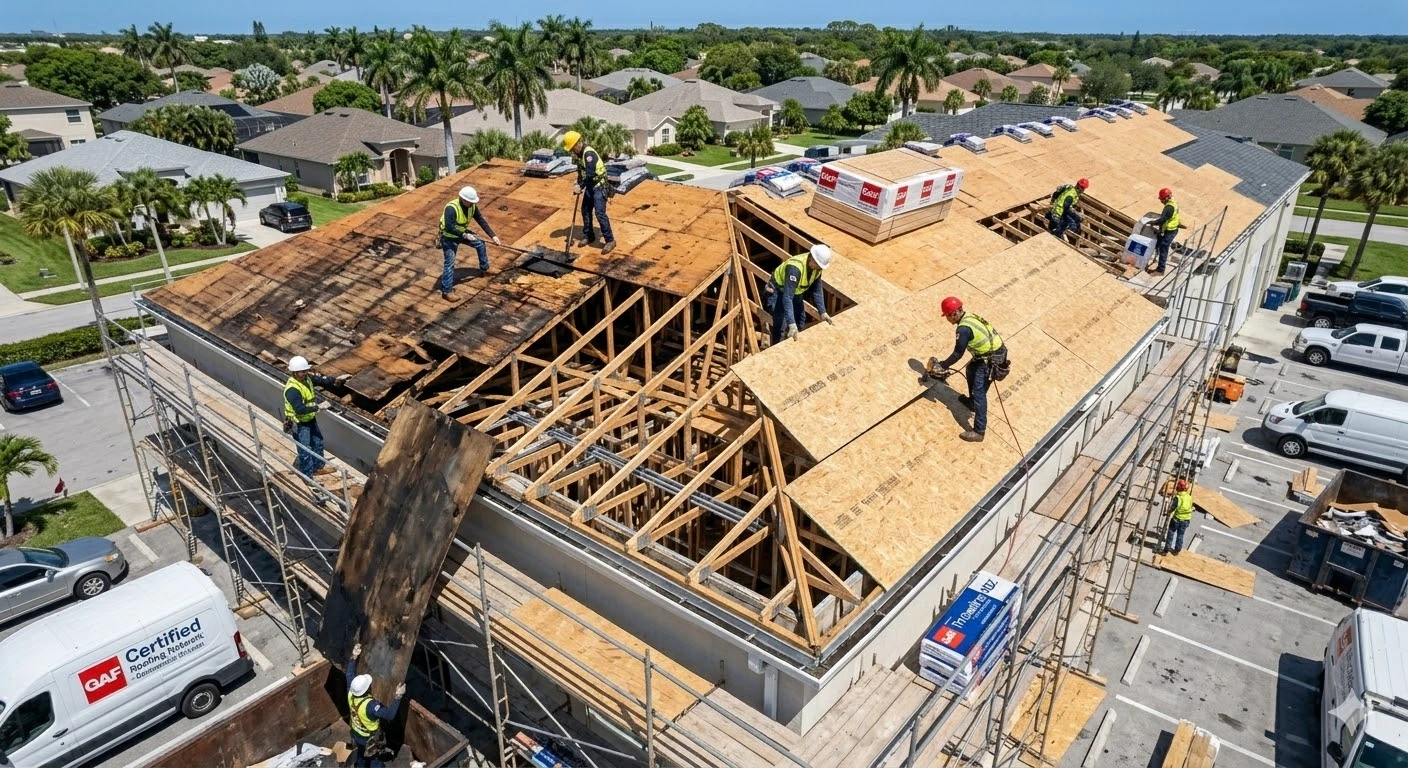 Roof deck replacement South Florida — new OSB sheathing installation on residential home by Roofing Network licensed contractor