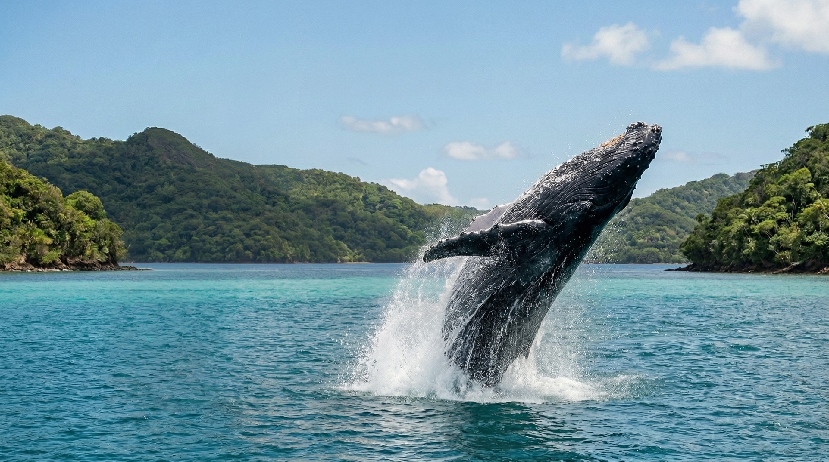 Humpback whale breaching in bright blue water near green hills