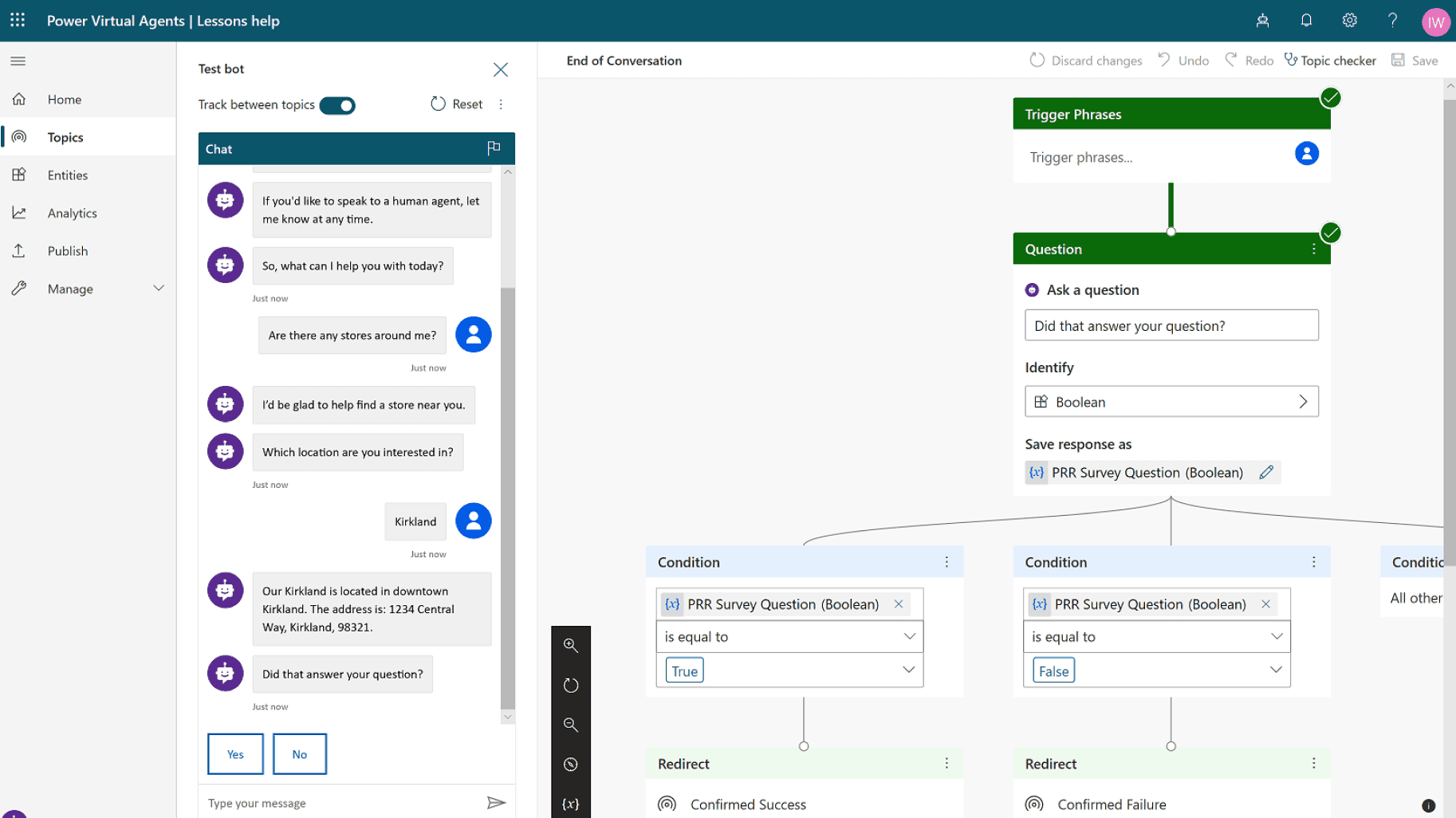 Copilot Studio agent authoring canvas, shown under its former Power Virtual Agents branding, with a test chat on the left and the topic flow of questions, conditions, and redirects on the right