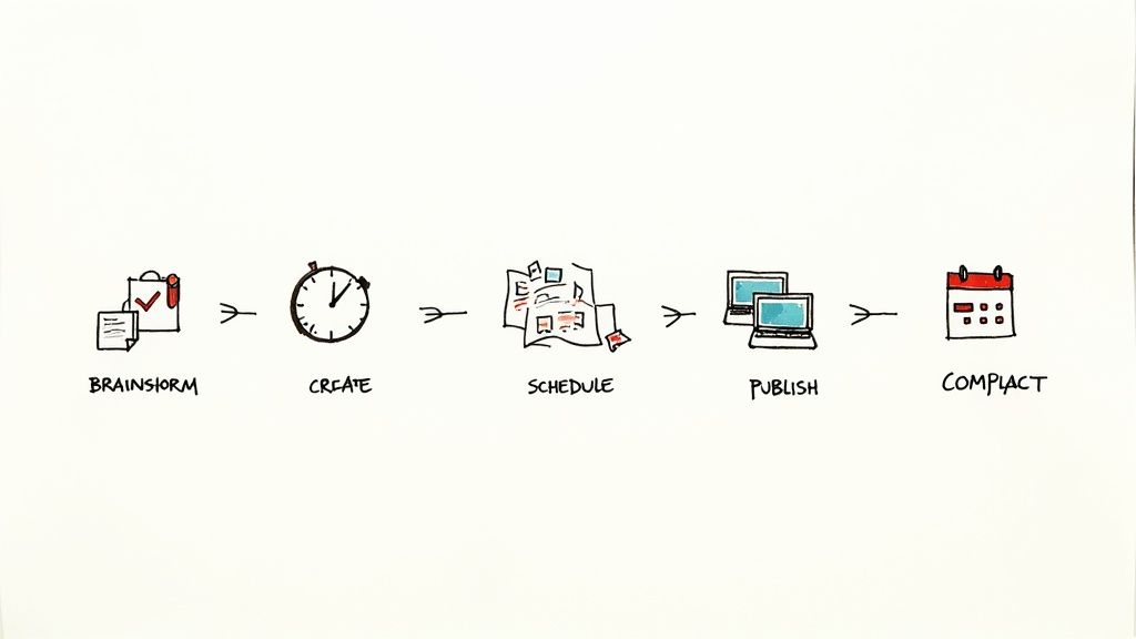 A small business owner using a laptop and sticky notes to organize their content creation workflow.