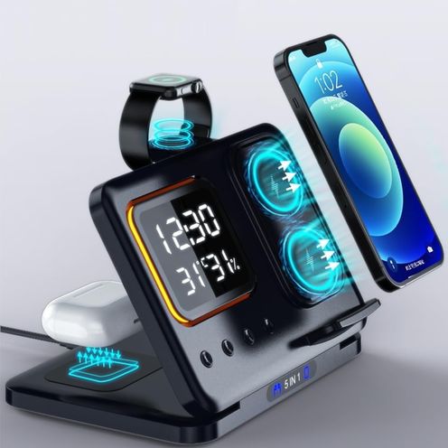 TJOUL 5in1 Multi Functional Wireless Charging Station with Digital Alarm Clock