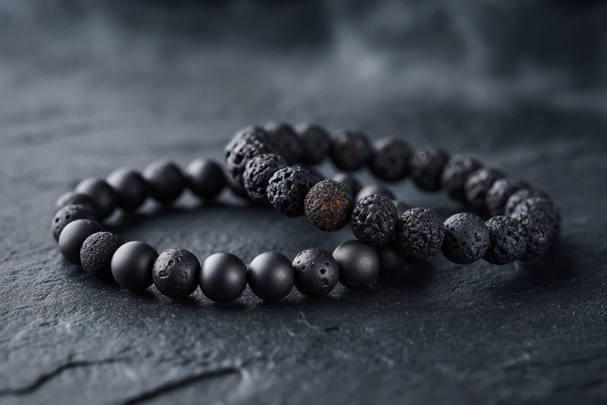 A hematite beaded bracelet and a lava stone bracelet placed side by side on dark slate, showing the contrast in density and surface texture under dramatic side lighting.
